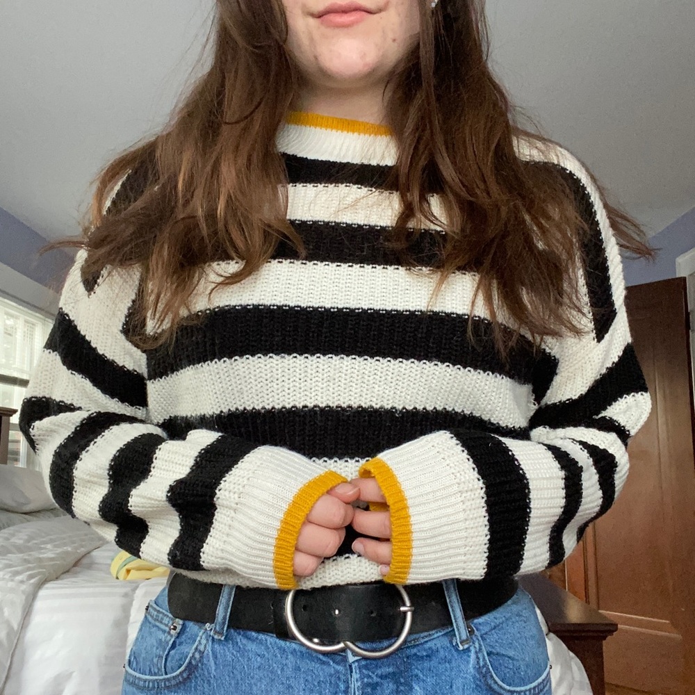 Black & white striped sweater with mustard lining